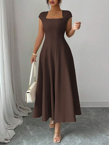 Chic Long Dress Women's Square Neck Short Sleeve Dress