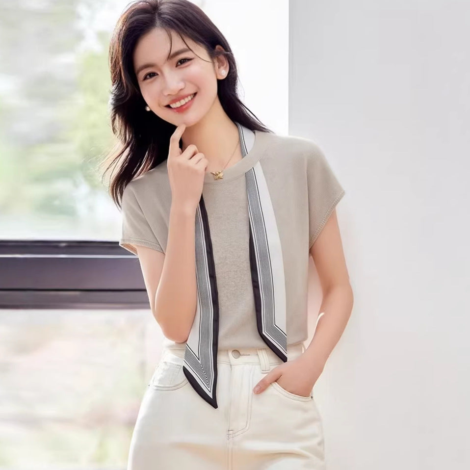 Scarf Tie Round Neck Straight Shoulder Ice Silk Knit Short Sleeve T-Shirt for Women Summer Design Sense Unique Fitted Top