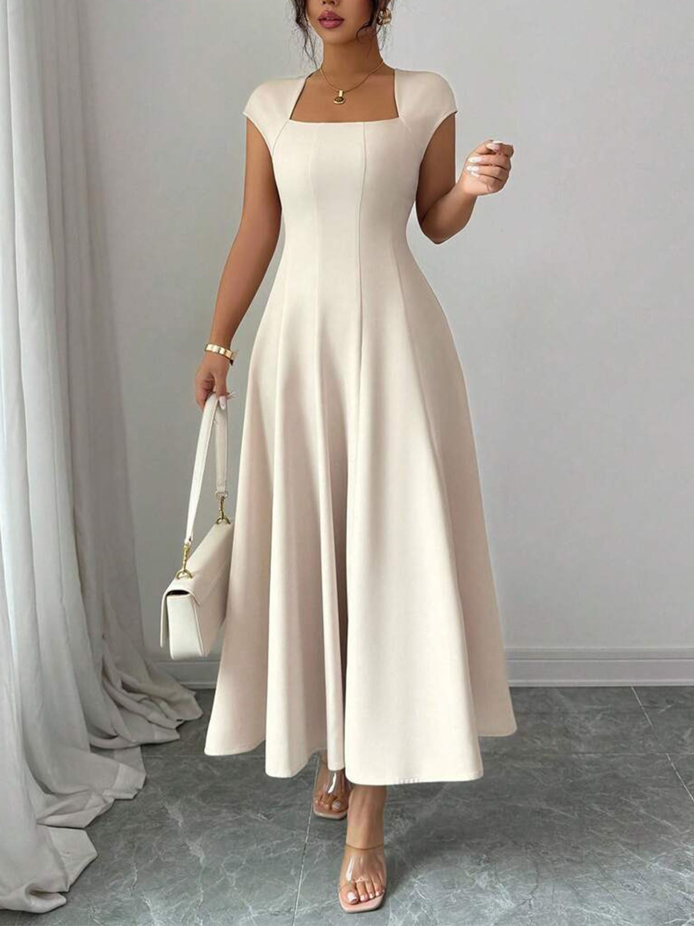 Chic Long Dress Women's Square Neck Short Sleeve Dress
