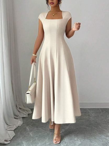 Chic Long Dress Women's Square Neck Short Sleeve Dress
