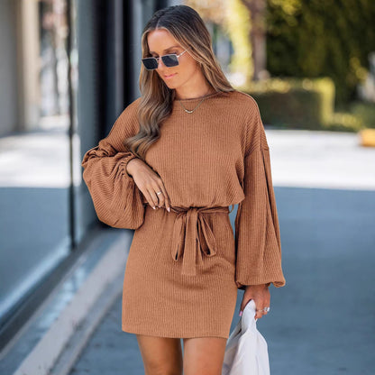 Women's Spring, Autumn, Winter New Knitted Dress with Belt Detail, Long Sleeve Ribbed Knit Dress for Women