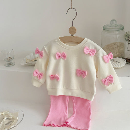 Bow decoration hoodie+high waisted elastic flared pants set