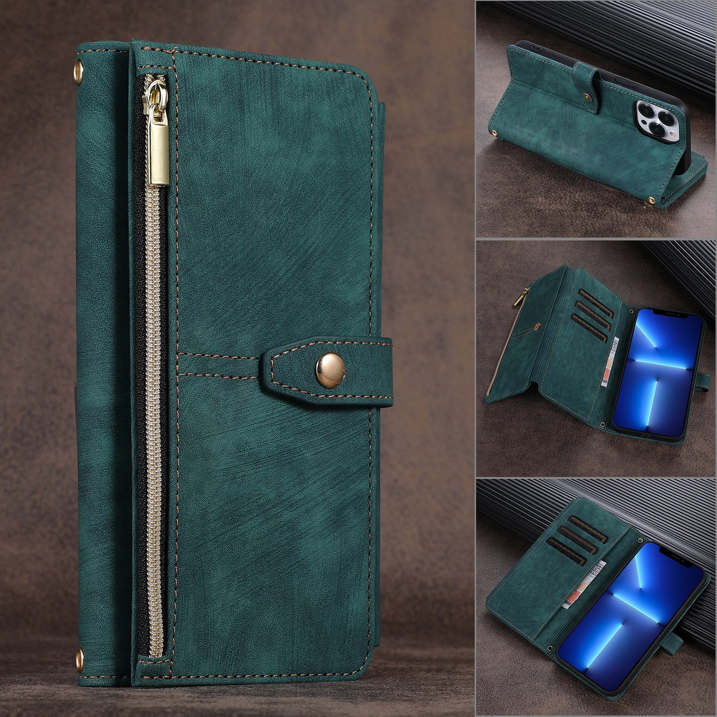 Suitable for IP14PROMAX multi slot zipper bag, Apple 13pro diagonal cross phone protective case, flip cover leather case