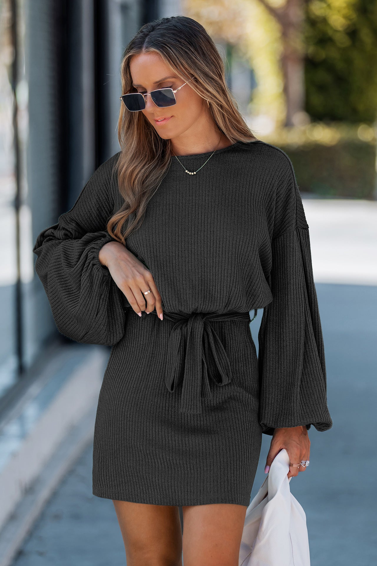Women's Spring, Autumn, Winter New Knitted Dress with Belt Detail, Long Sleeve Ribbed Knit Dress for Women