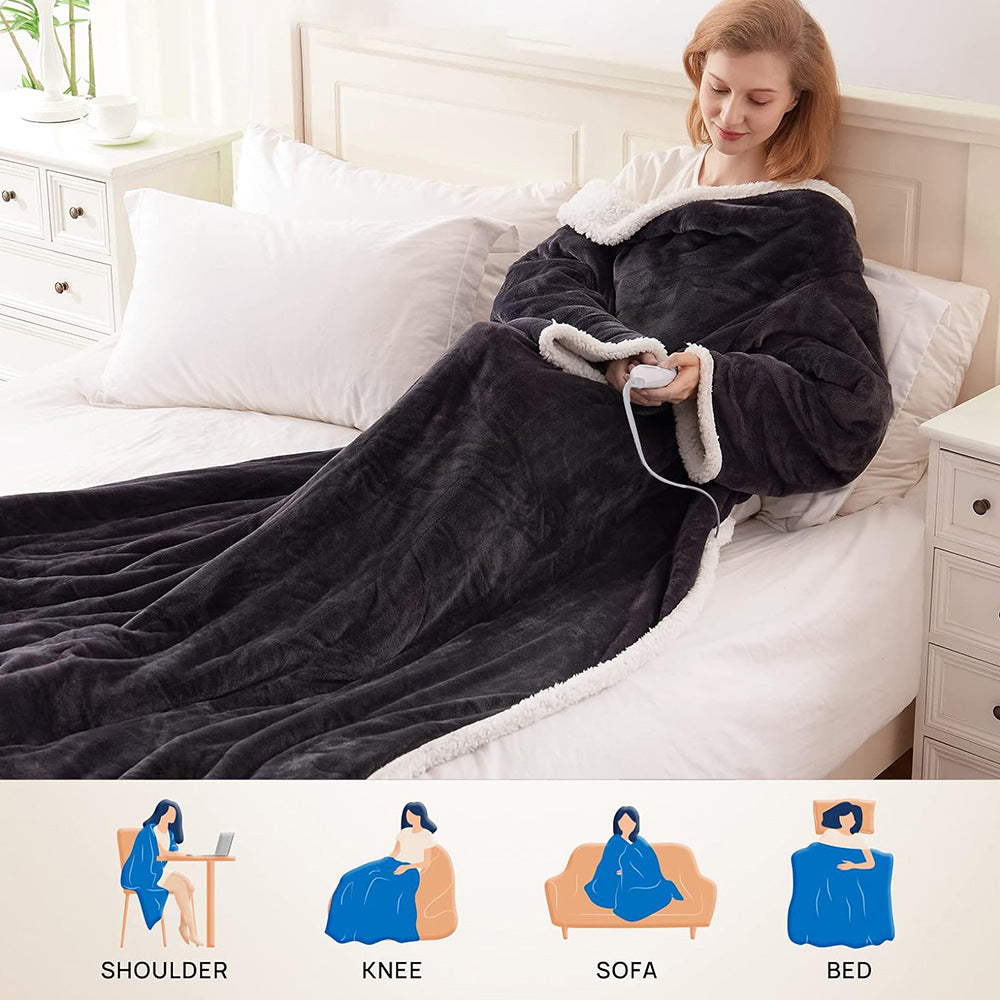 Electric Heating Blanket Fleece Lamb Velvet Wearable Heated Blanket with Sleeves for Home and Office Use