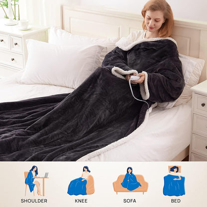 Electric Heating Blanket Fleece Lamb Velvet Wearable Heated Blanket with Sleeves for Home and Office Use