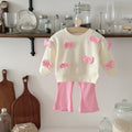 Bow decoration hoodie+high waisted elastic flared pants set