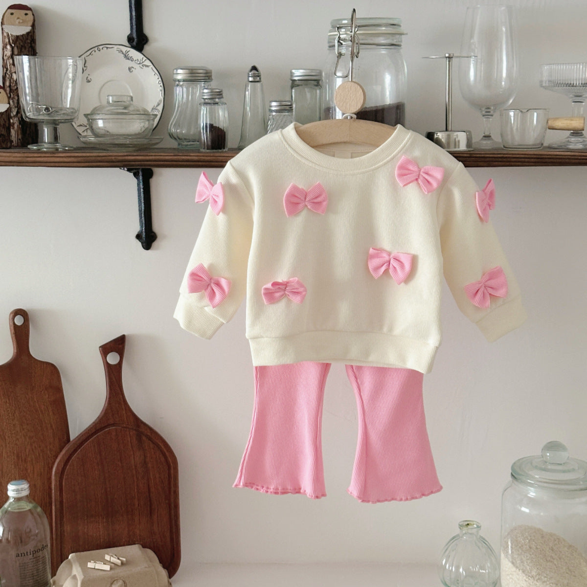 Bow decoration hoodie+high waisted elastic flared pants set