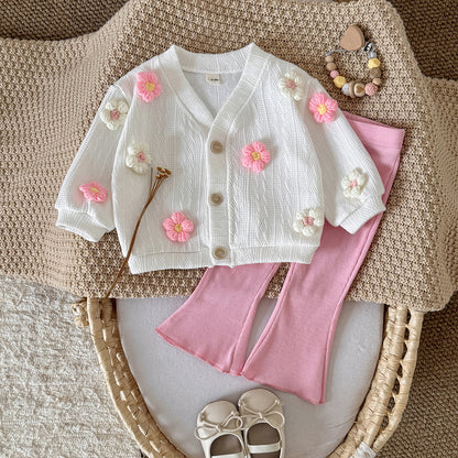 Flower sweater jacket+solid color flared pants two-piece set