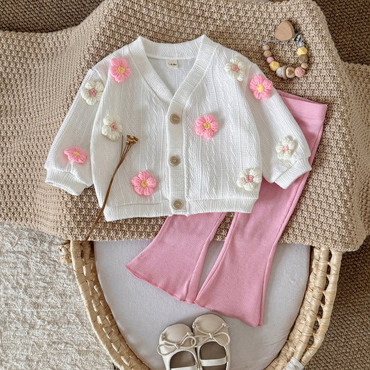 Flower sweater jacket+solid color flared pants two-piece set