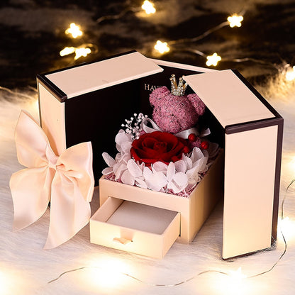 Copy of Eternal Flower Gift Box with Rose and Bear, Double-Door Design, Elegant Jewelry Packaging Box for Valentine's Day