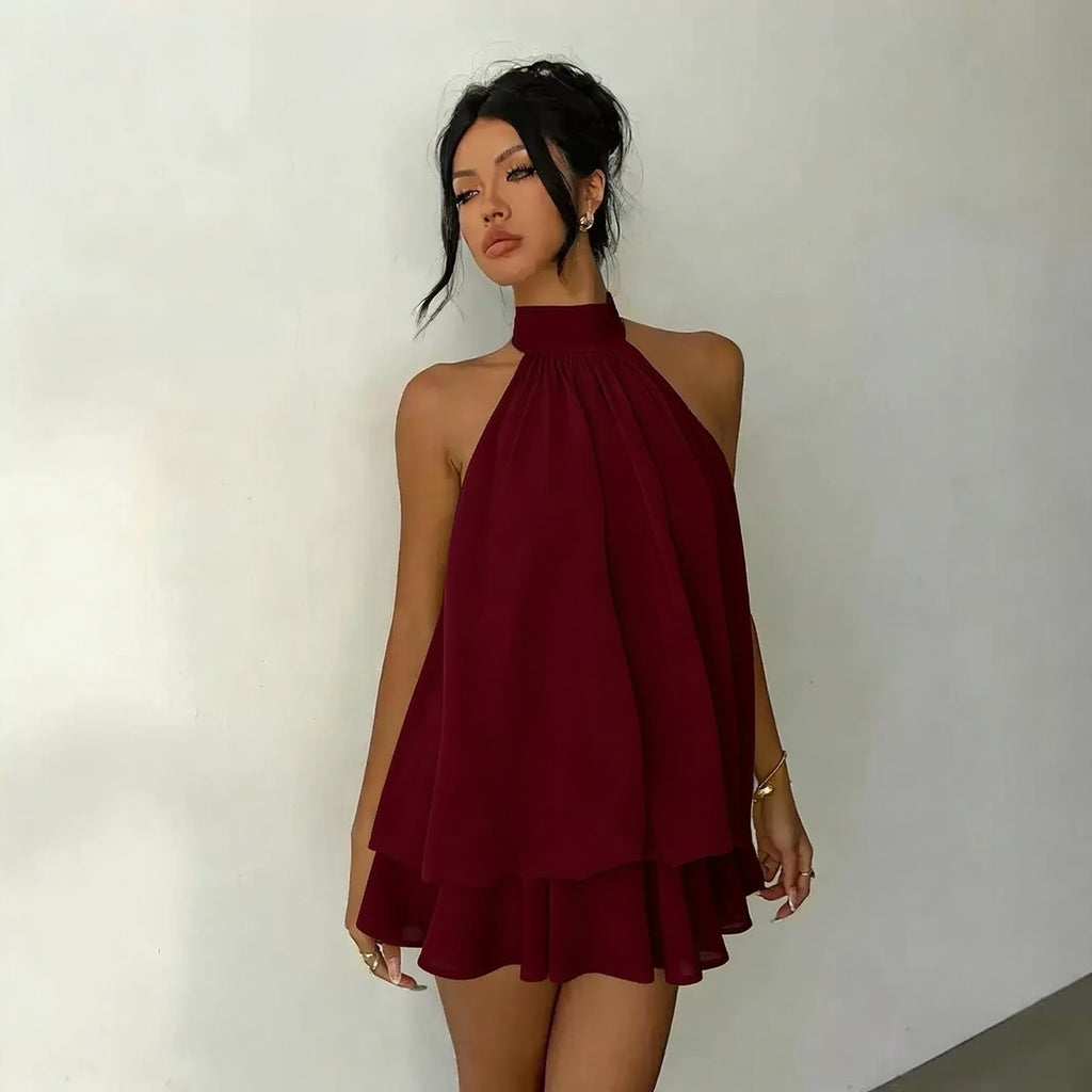Women's vacation fitted sexy backless halter neck tie-waist dress with puffy short skirt