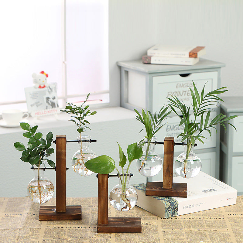 Simple glass bottle wooden frame transparent vase desktop decoration