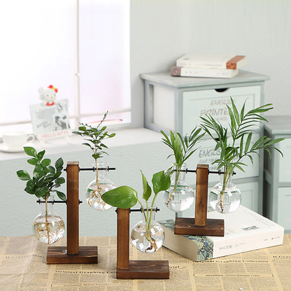 Simple glass bottle wooden frame transparent vase desktop decoration