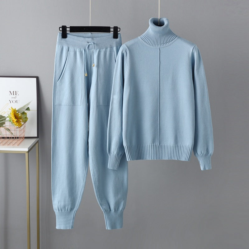 Casual Fashion Set European and American High Collar Solid Color Sweater Knitted Two Piece Set