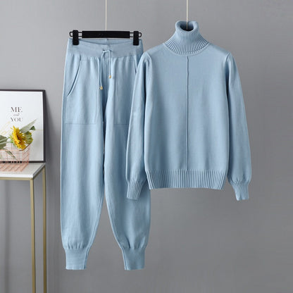 Casual Fashion Set European and American High Collar Solid Color Sweater Knitted Two Piece Set