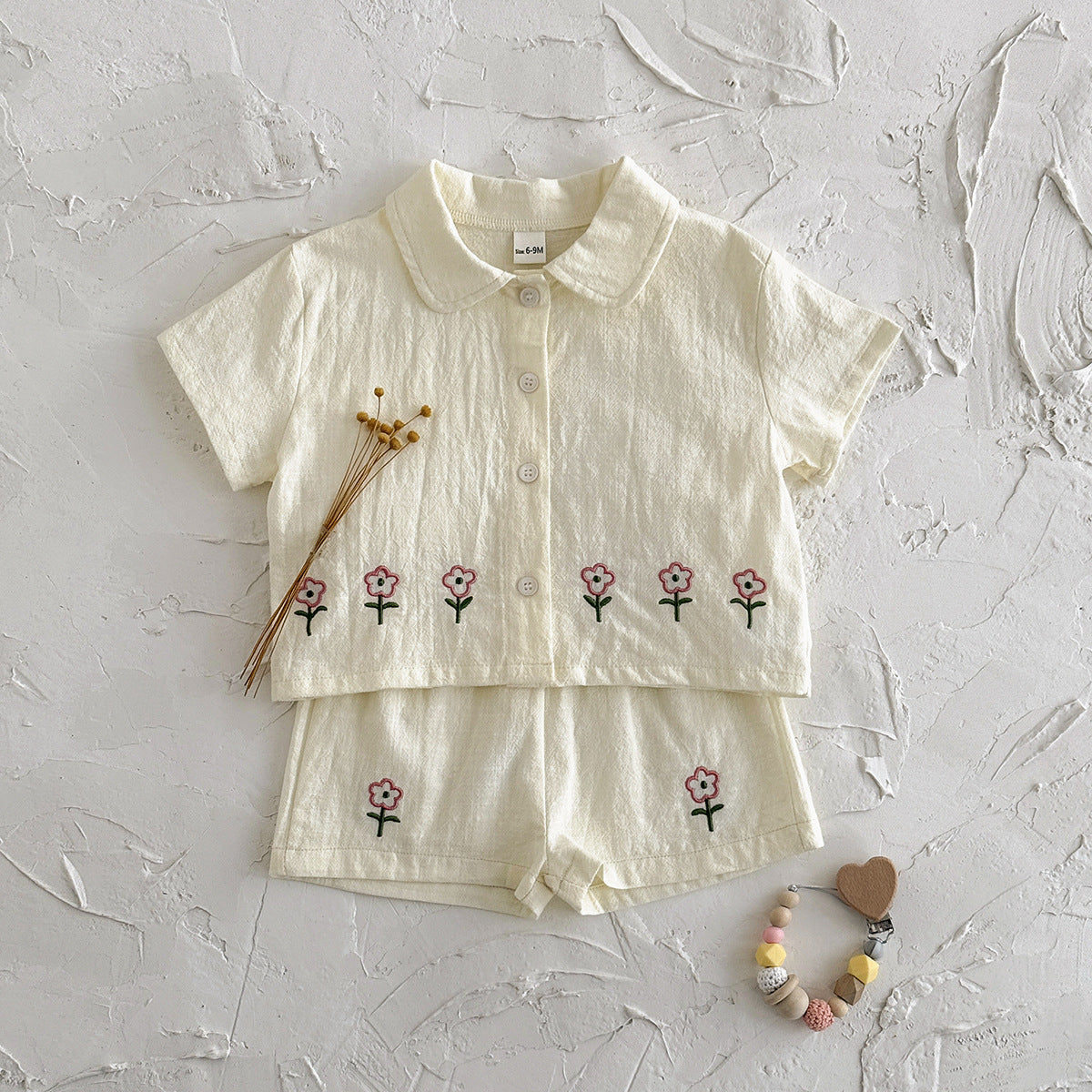 Cute embroidered floral shirt cardigan shorts set