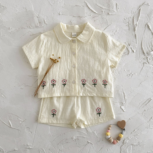 Cute embroidered floral shirt cardigan shorts set