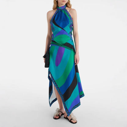 Crossbody Irregular Skirt with Backless Top New Two-Piece Set  Style Printed