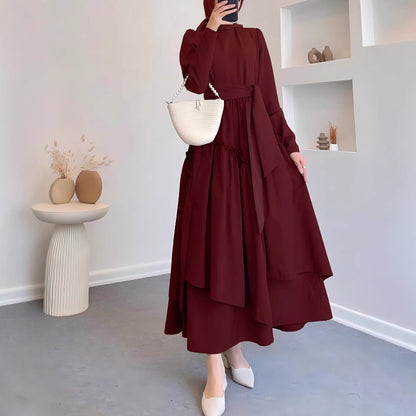 Hem Maxi Dress with High Waist and Flowing Skirt Solid Color Fitted Waist, Long Dress