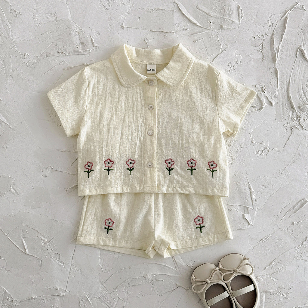Cute embroidered floral shirt cardigan shorts set