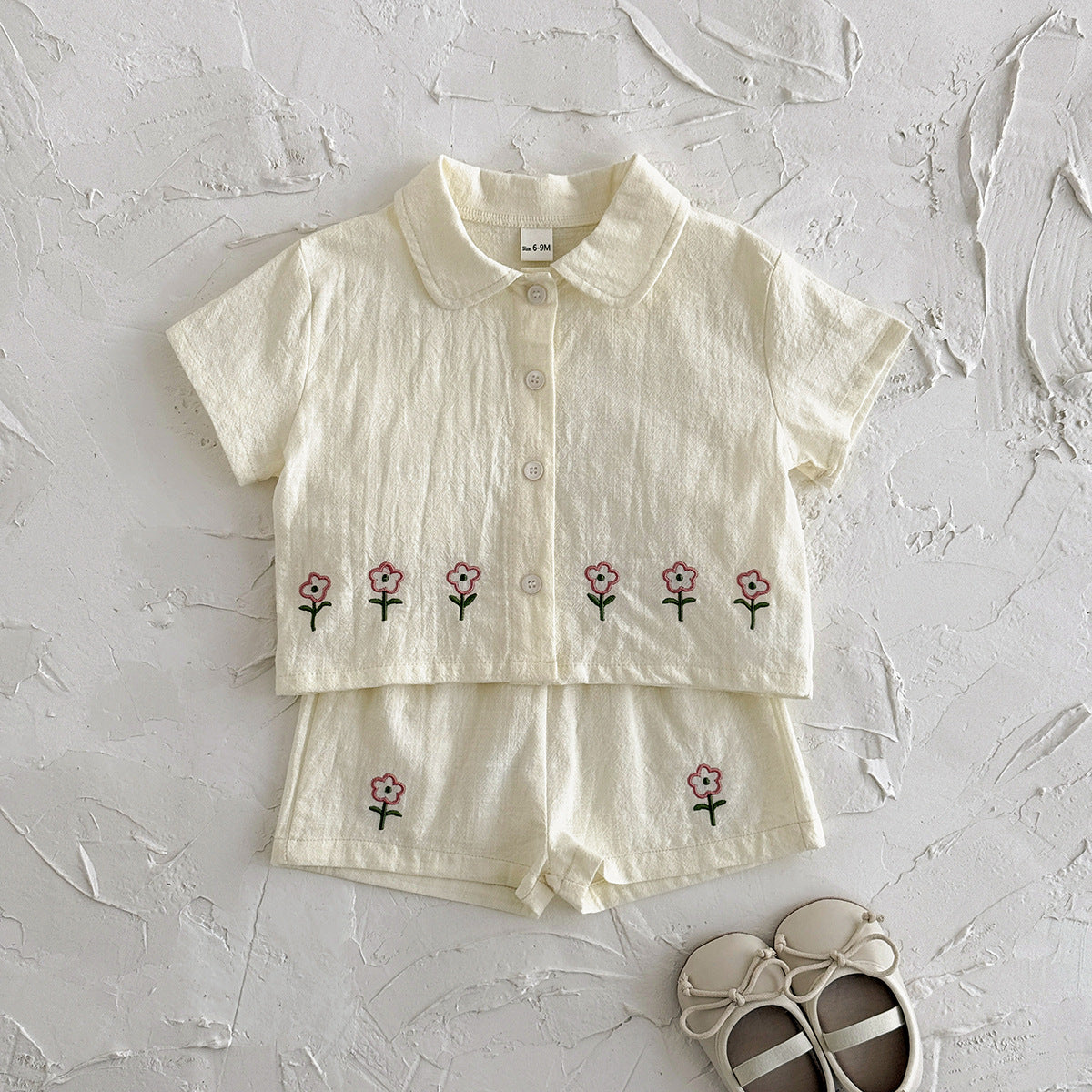 Cute embroidered floral shirt cardigan shorts set