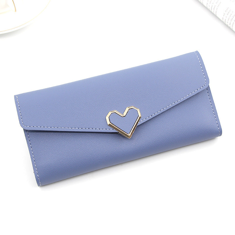 Long portefeuille en cuir uni en forme de cœur avec plusieurs fentes pour cartes, portefeuille à boucle, grande capacité, sac à main