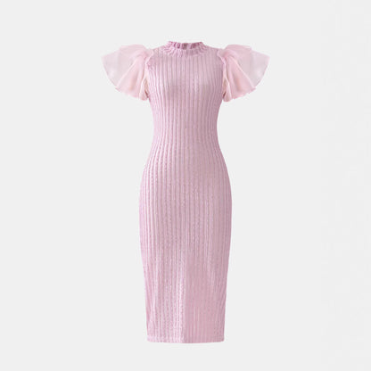 Elegant Women's Sheer Sleeve Long Dress, Fashionable Slim Fit with Waistline DesignSpring and Summer Wear