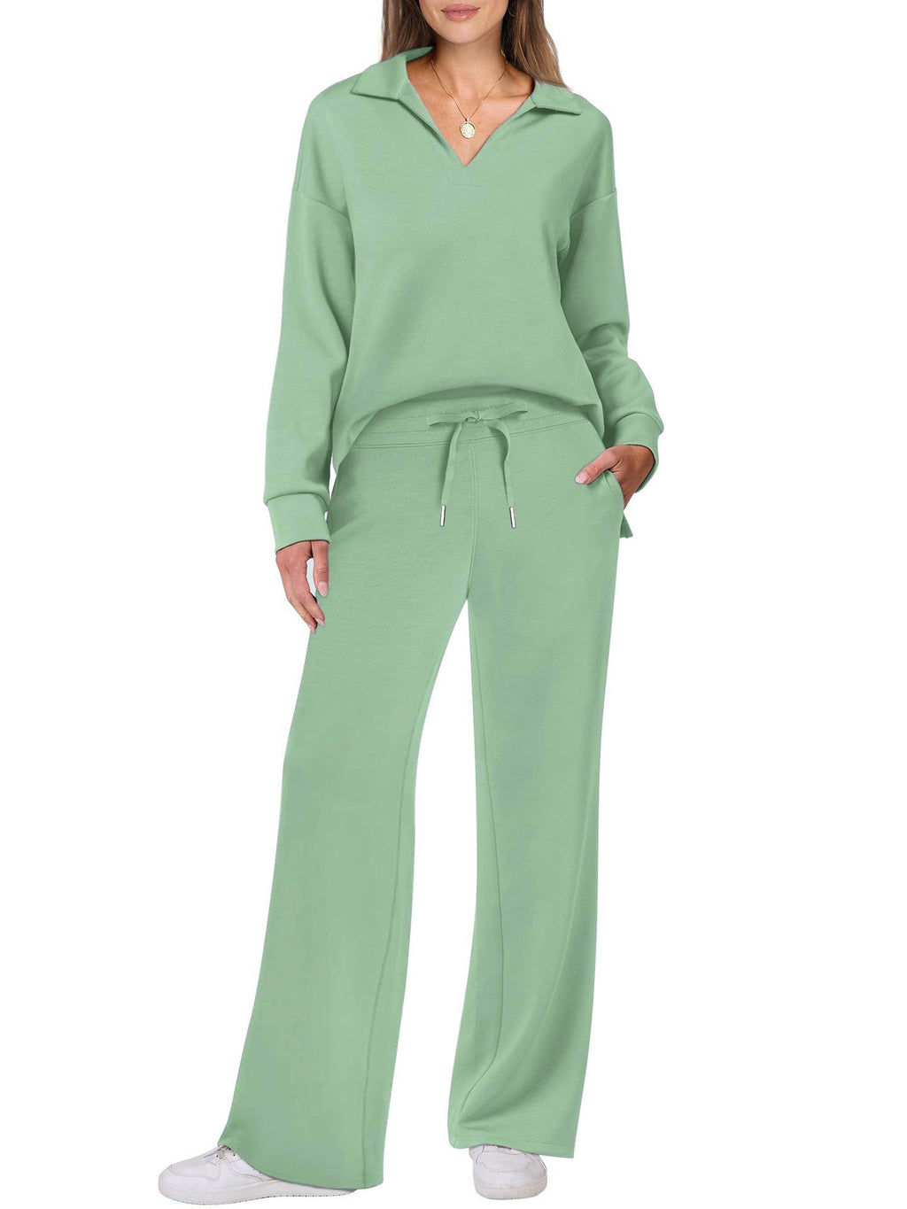 Autumn and winter fashion casual sports suit long-sleeved V-neck sweatshirt wide-leg pants two-piece suit for women