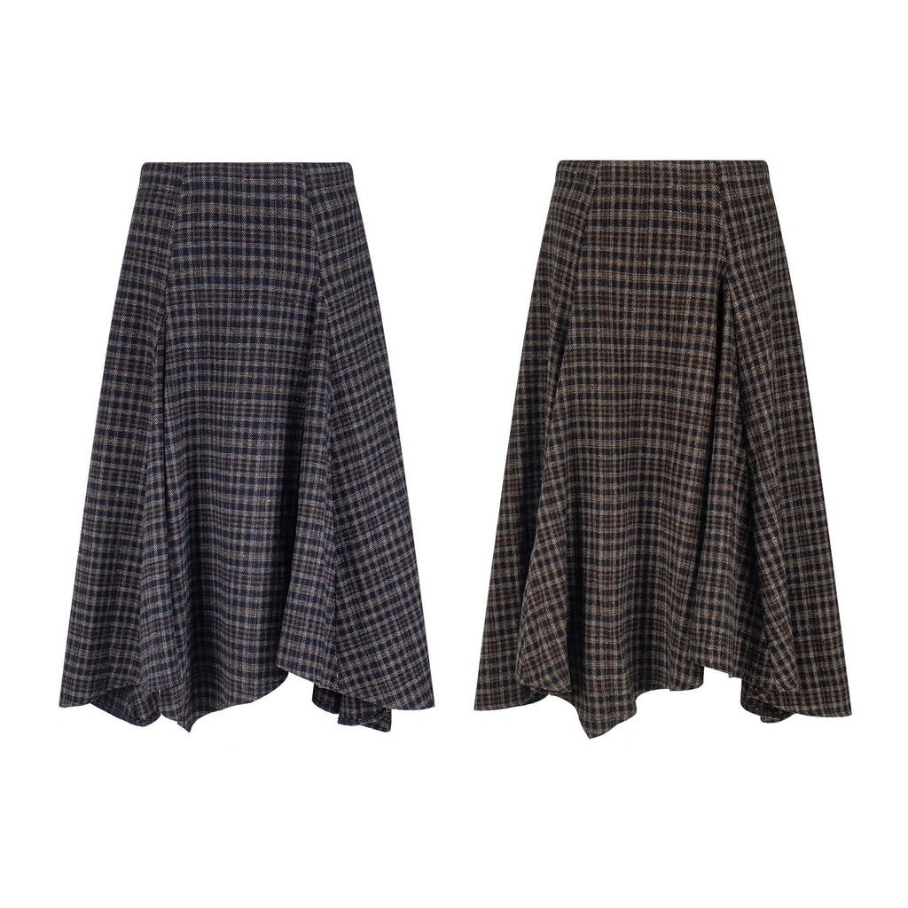 Jupe mi-longue en laine à carreaux taille haute drapée amincissante coupe trapèze style universitaire vêtements pour femmes