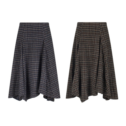Wool Plaid Midi Skirt High Waist Drape Slimming A-Line Skirt College Style Women's Clothing