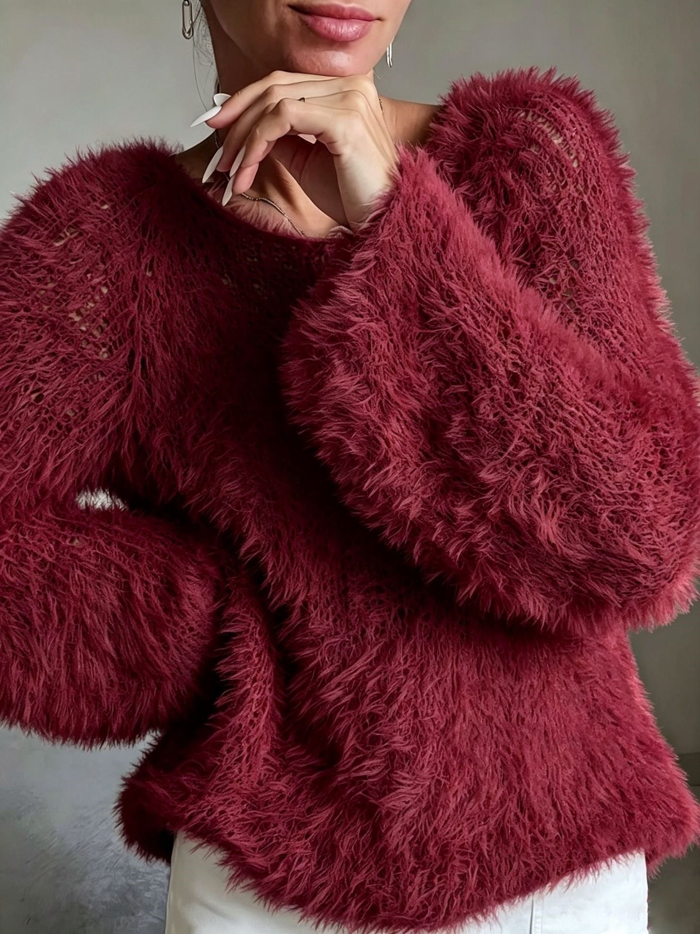 Women's macaron round neck fluffy solid color long sleeved fur top