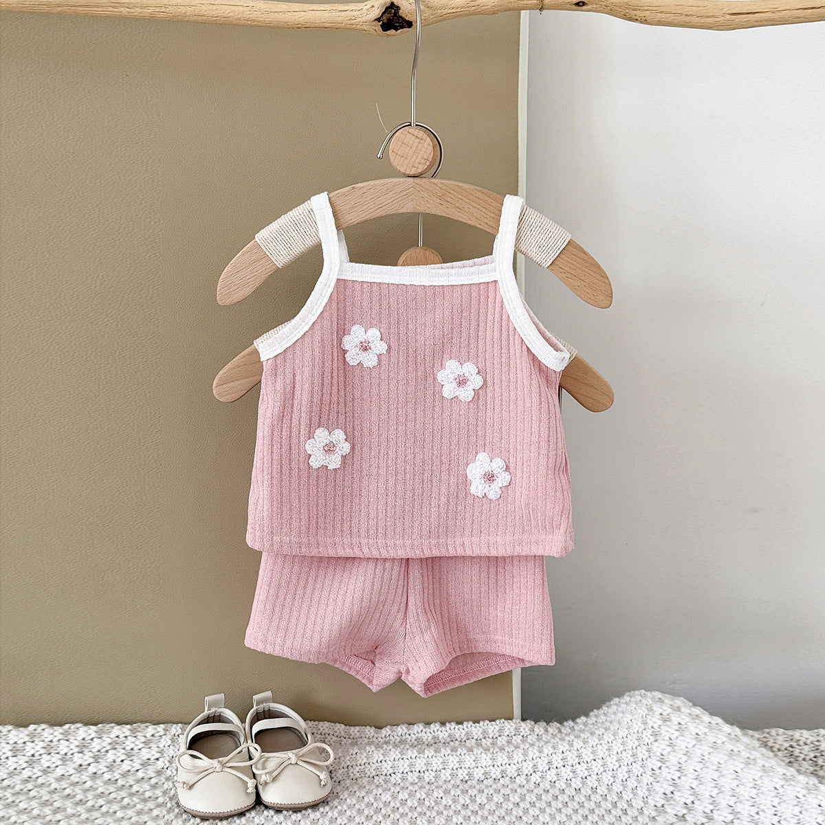 Summer flower embroidery square neck breathable two-piece set for girls