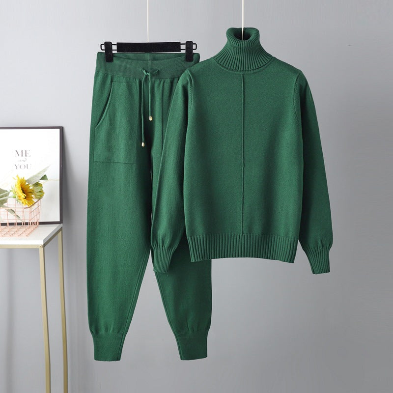 Casual Fashion Set European and American High Collar Solid Color Sweater Knitted Two Piece Set
