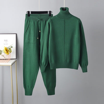 Casual Fashion Set European and American High Collar Solid Color Sweater Knitted Two Piece Set