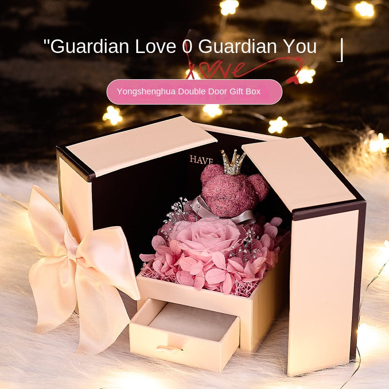 Copy of Eternal Flower Gift Box with Rose and Bear, Double-Door Design, Elegant Jewelry Packaging Box for Valentine's Day