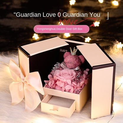 Copy of Eternal Flower Gift Box with Rose and Bear, Double-Door Design, Elegant Jewelry Packaging Box for Valentine's Day