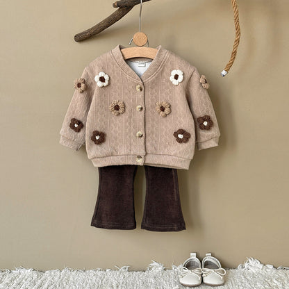 3D flower knitted cardigan set sweater+micro flared pants