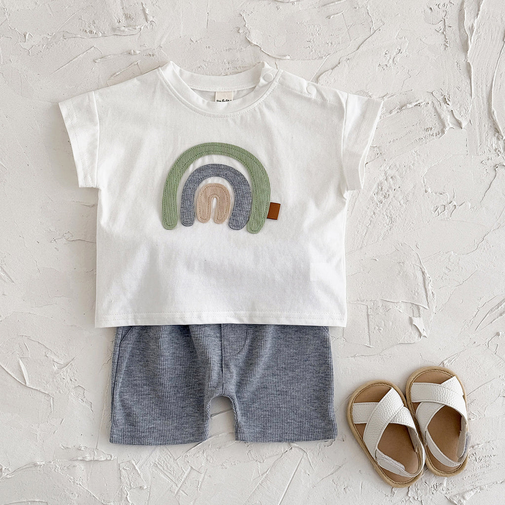 Rainbow pattern patch round neck short sleeved+casual sports shorts two-piece set