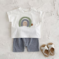 Rainbow pattern patch round neck short sleeved+casual sports shorts two-piece set
