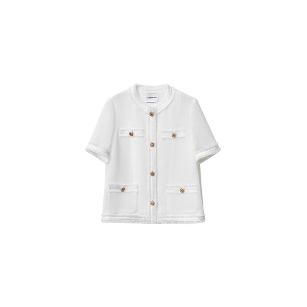 Summer Lightweight Open Front Blouse, Cotton-Polyamide Blend Cool-Feeled Short Sleeve Top with Hem Fringe, Chanel-Style Round Neck