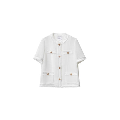 Summer Lightweight Open Front Blouse, Cotton-Polyamide Blend Cool-Feeled Short Sleeve Top with Hem Fringe, Chanel-Style Round Neck