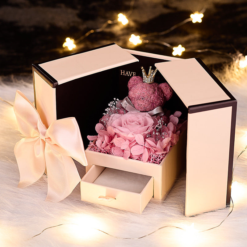 Copy of Eternal Flower Gift Box with Rose and Bear, Double-Door Design, Elegant Jewelry Packaging Box for Valentine's Day
