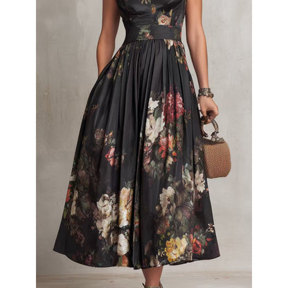 Sleeveless black three-dimensional floral print long skirt slim fit dress