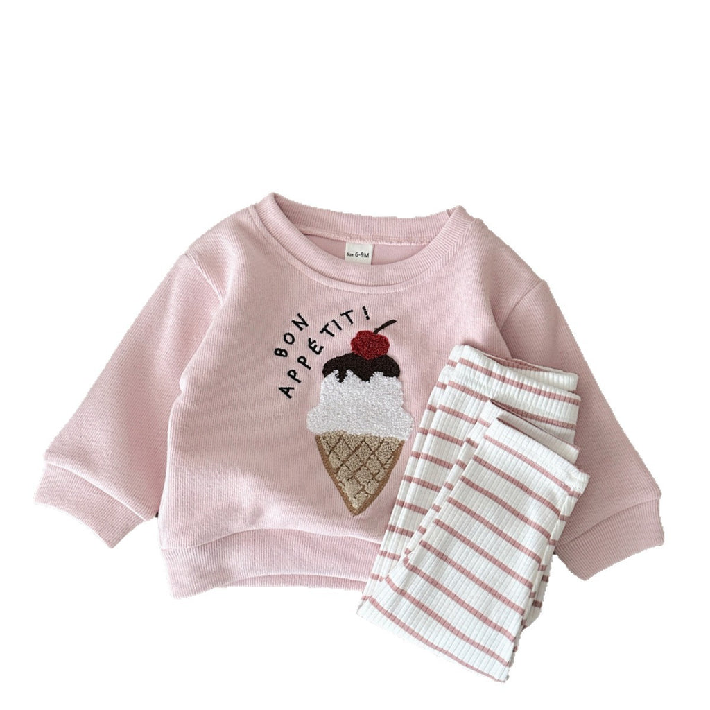 Two piece pink ice cream embroidered hoodie+striped pit pants casual set