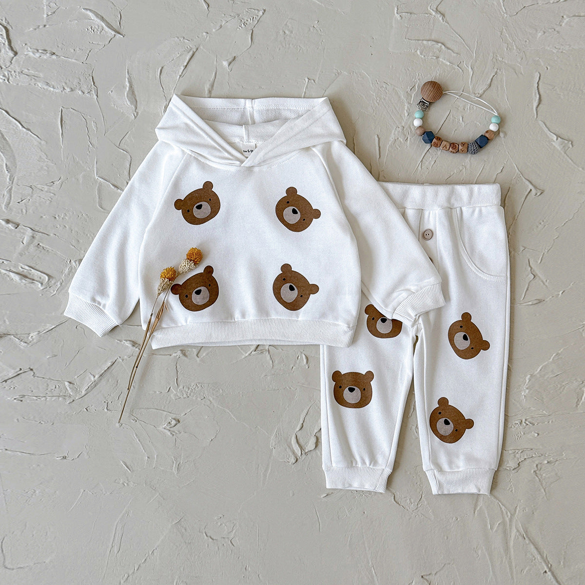 Bear print long sleeved hooded sweatshirt+long pants two-piece set